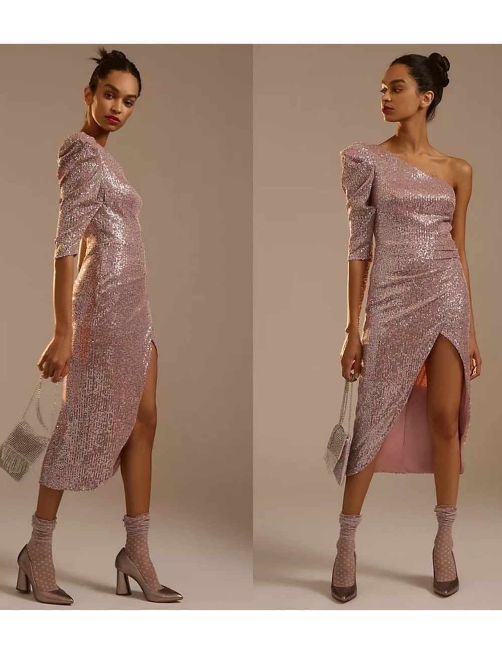Anthropologie + Ieena for Mac Duggal Sequined One-Shoulder Faux Wrap Dress NWT‌‌